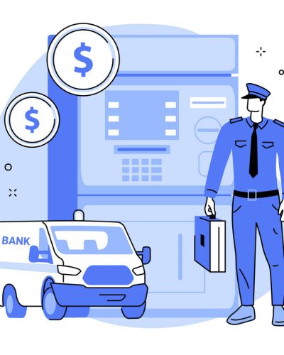 Cash-in-transit abstract concept vector illustration. cash valuables in transit, banknotes transfer, replenishing atm cases, security guards with van, full of money, loading abstract metaphor.